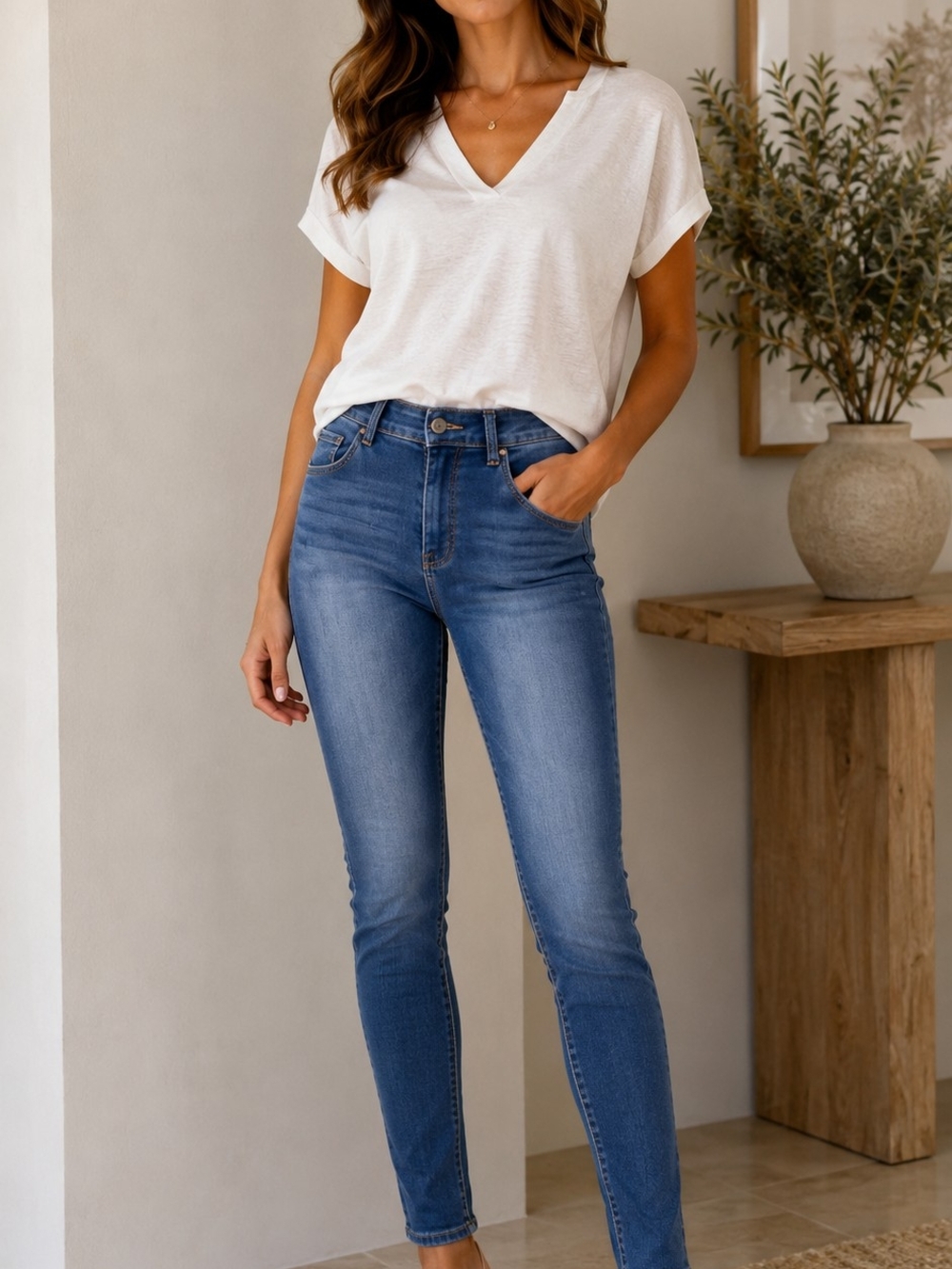 Slim Fit Mid-Rise Skinny Jeans in Medium Blue